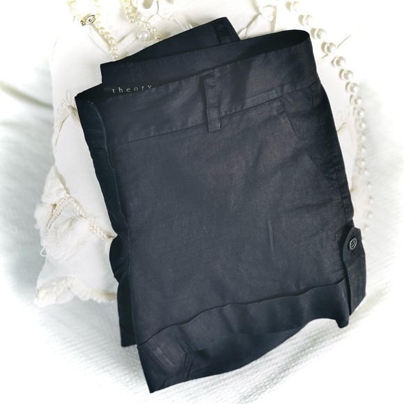 THEORY | 8 | Ruby Black Linen Viscose Lightweight Dress Short Button Cuff Detail - Picture 3 of 15